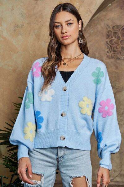 ADORA Flower Button Down Lantern Sleeve Cardigan - Hovatok