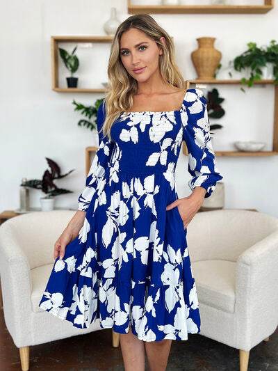 Double Take Full Size Floral Ruffle Hem Smocked Dress with Pockets - Hovatok