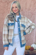 And The Why Full Size Washed Denim Detail Brushed Plaid Jacket - Hovatok