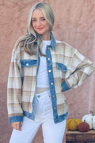 And The Why Full Size Washed Denim Detail Brushed Plaid Jacket - Hovatok