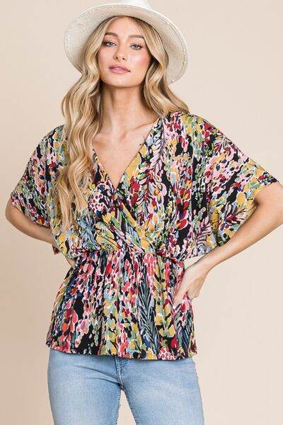 BOMBOM Printed Surplice Peplum Blouse - Hovatok