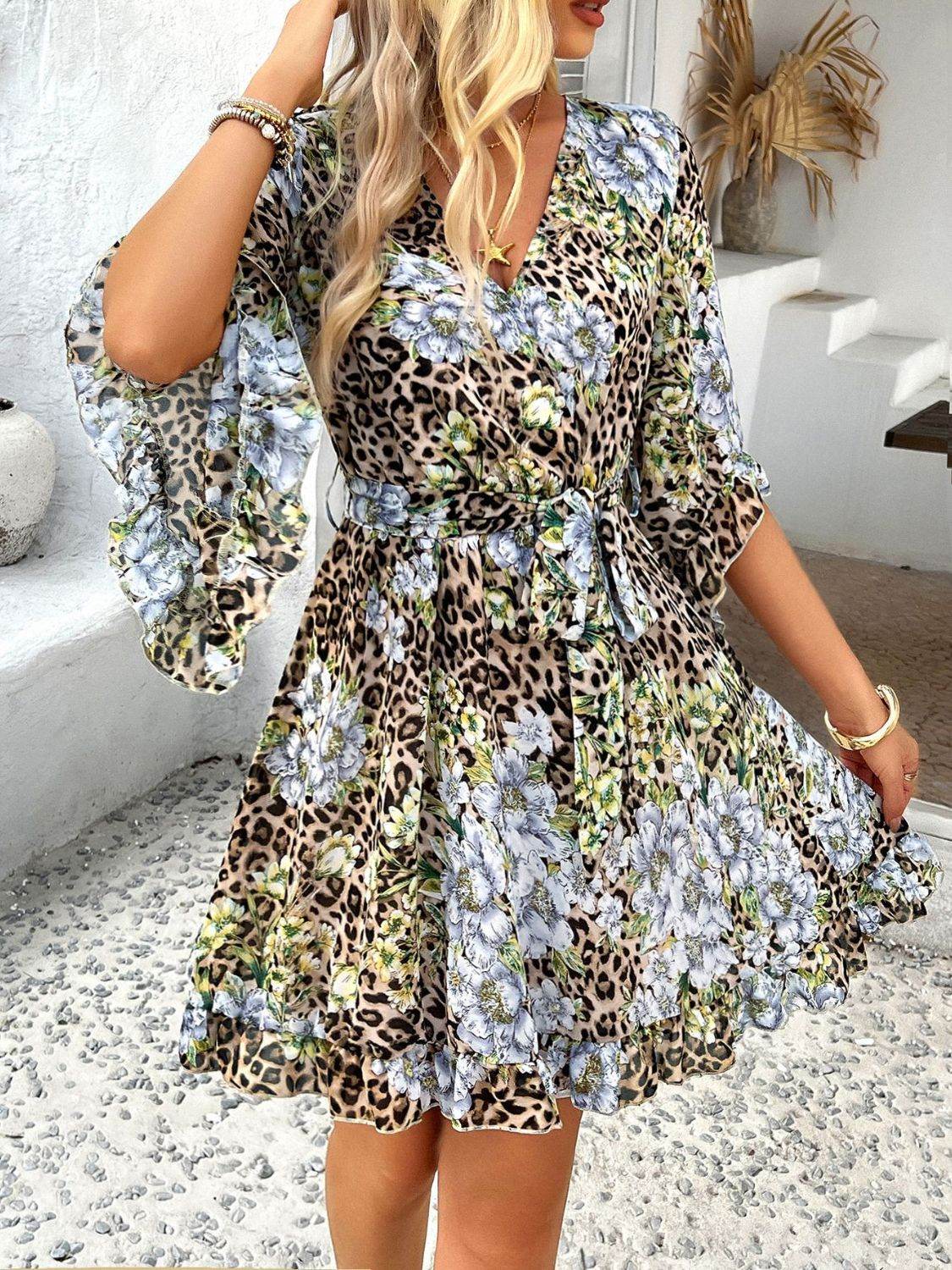 Devine Printed Surplice Ruffled 3/4 Sleeve Mini Dress - Hovatok