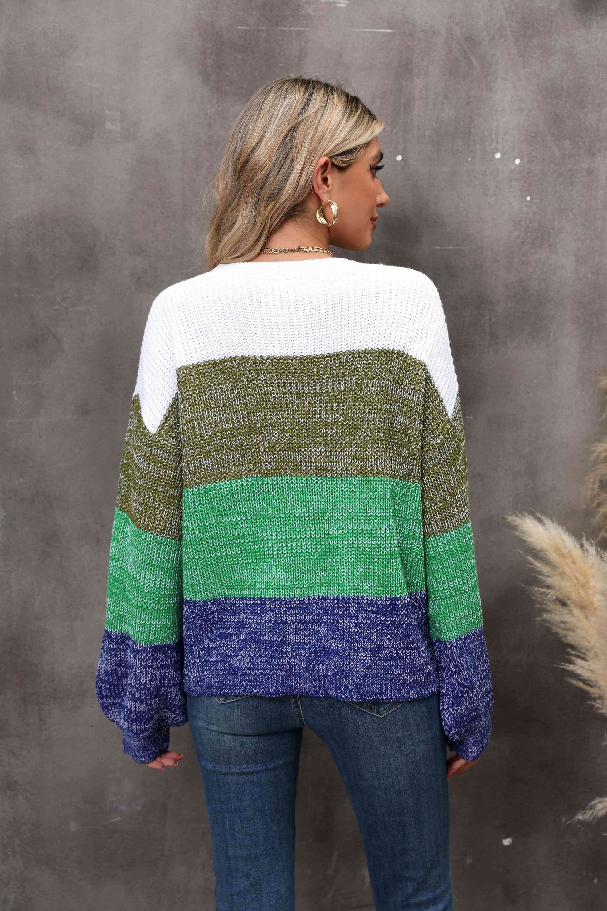 Angel Wings Color Block Round Neck Dropped Shoulder Sweater - Hovatok