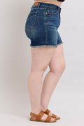 Judy Blue Tummy Control Fray Hem & Shield Back Pockets Denim Shorts - Hovatok