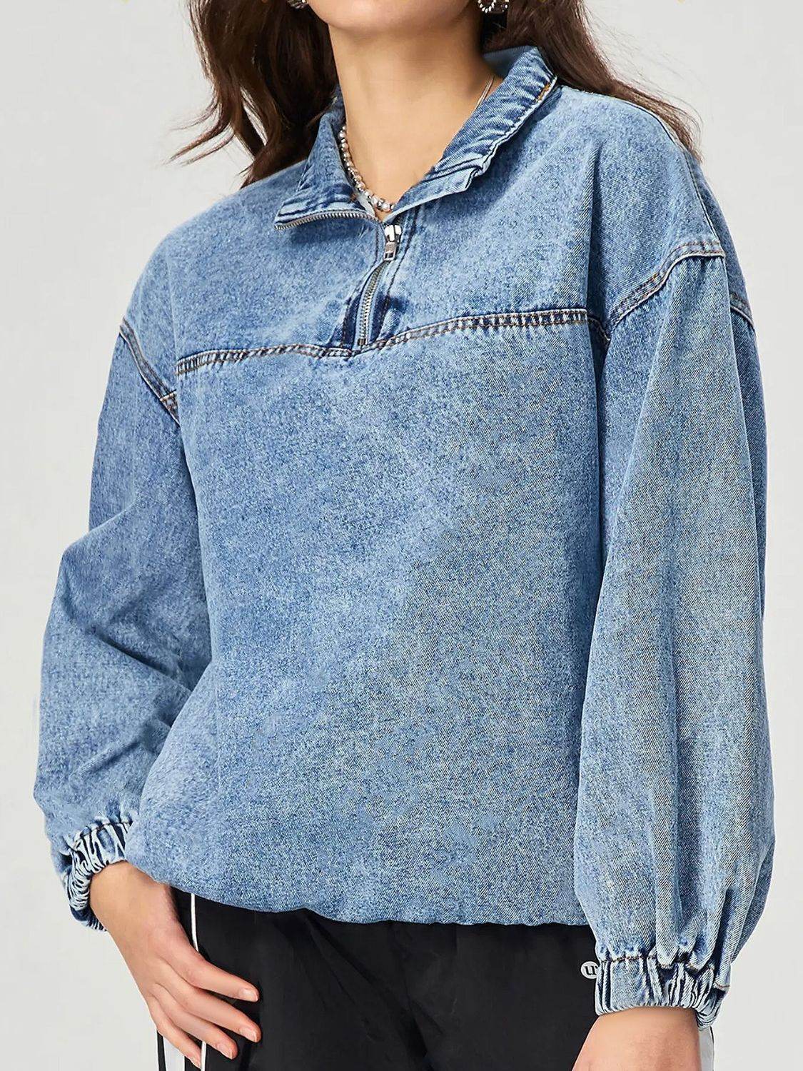 Quarter Zip Collared Neck Denim Top - Hovatok