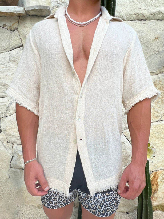 Men's Plus Size Raw Hem Button Down Collared Neck Shirt - Hovatok