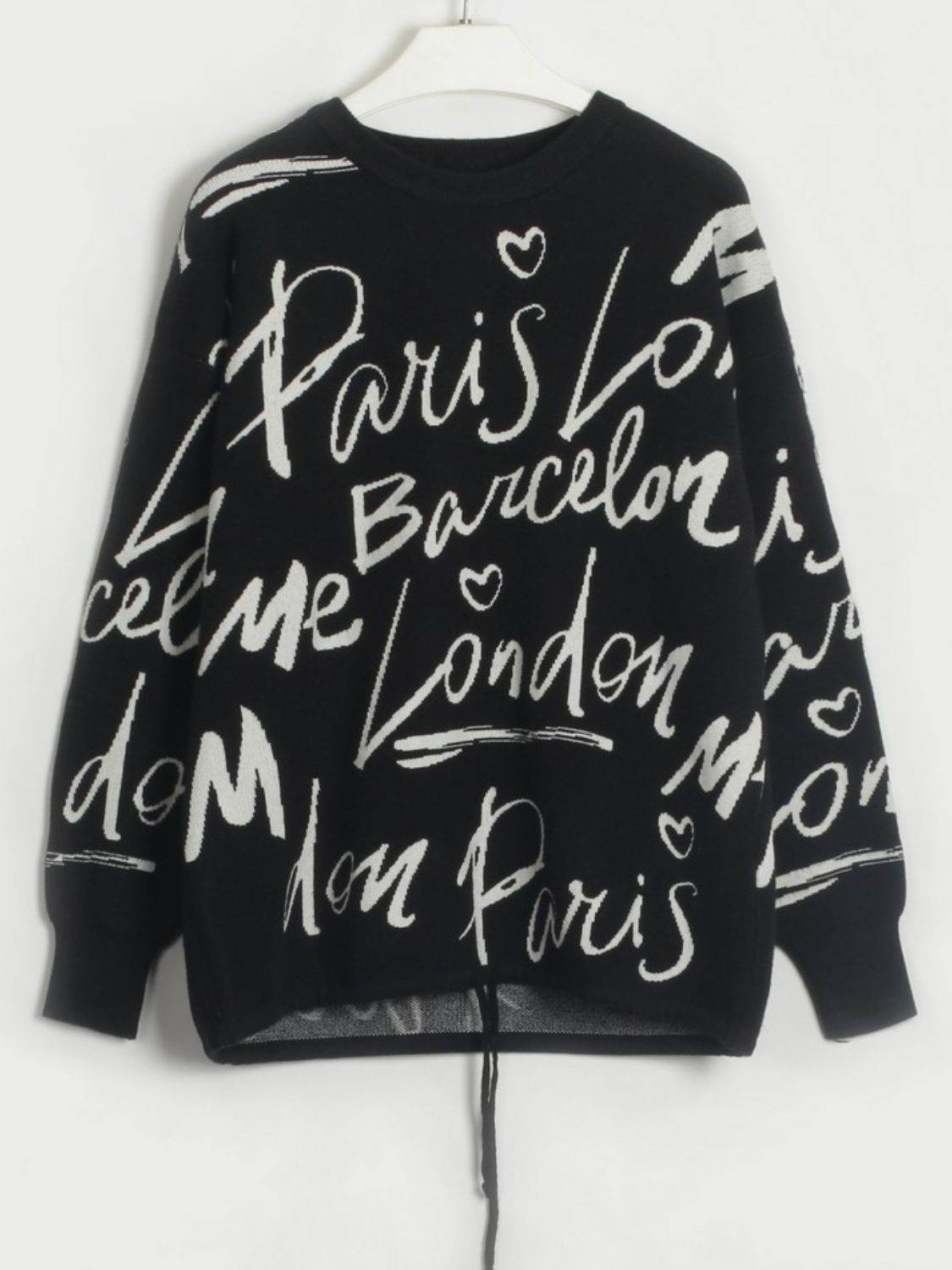 Drawstring Hem Letter Pattern Round Neck Dropped Shoulder Sweater - Hovatok