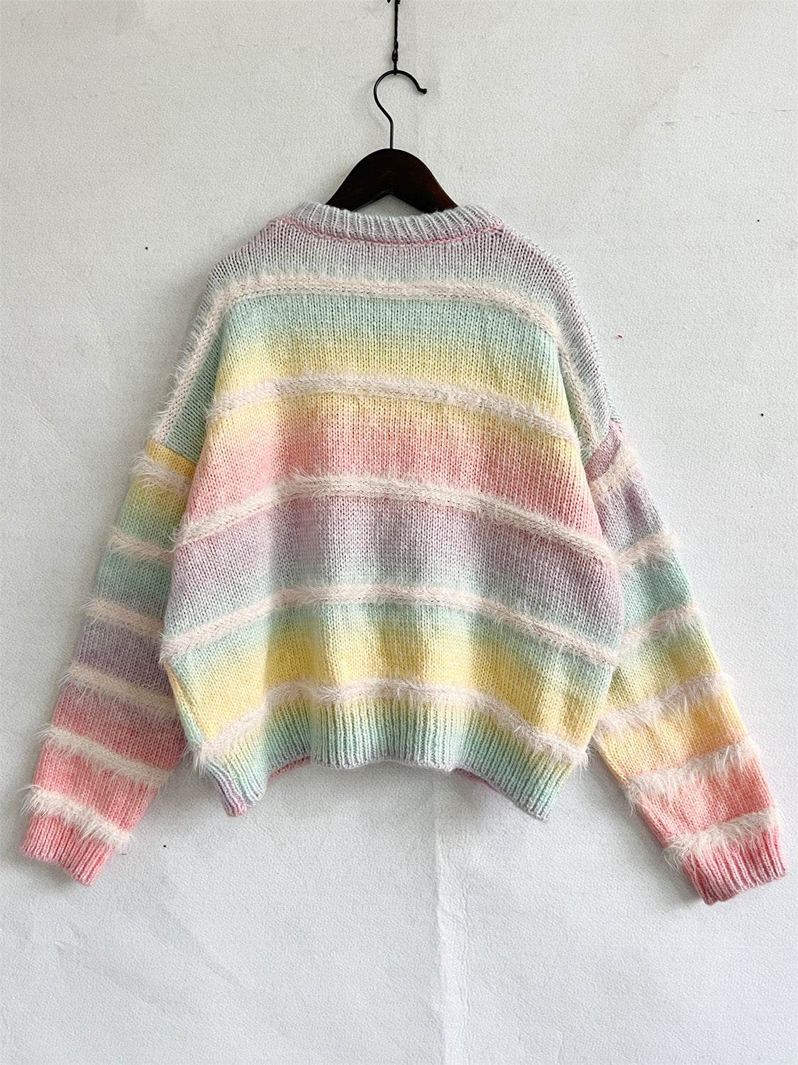 Striped Round Neck Long Sleeve Sweater - Hovatok