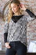 Heimish Full Size Snakeskin Print Round Neck Lace Contrast Top - Hovatok