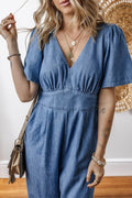 V Neck Short Sleeve Smocked Back Denim Jumpsuit - Hovatok