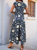 Perfee Printed Round Neck Cap Sleeve Wide Leg Jumpsuit - Hovatok