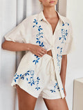 Embroidered Button Up Half Sleeve Top and Shorts Set - Hovatok