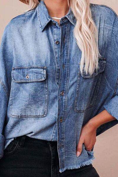 Collared Neck Raw Hem Long Sleeve Denim Shirt - Hovatok