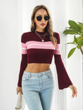 Ribbed Color Block Round Neck Cropped Sweater - Hovatok