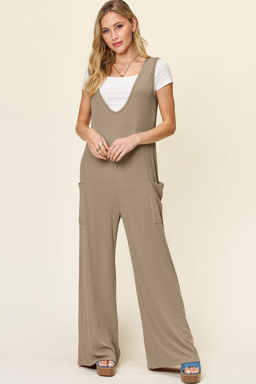 Double Take Full Size Sleeveless Wide Leg Jumpsuit with Pockets - Hovatok