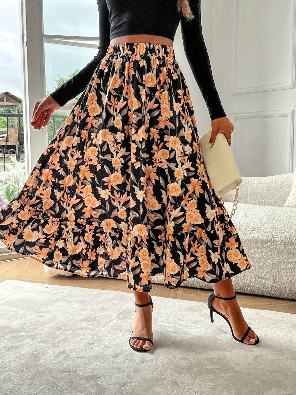 Floral Elastic Waist Midi Skirt - Hovatok