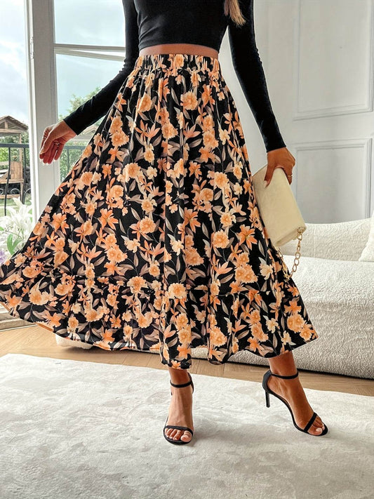 Floral Elastic Waist Midi Skirt - Hovatok