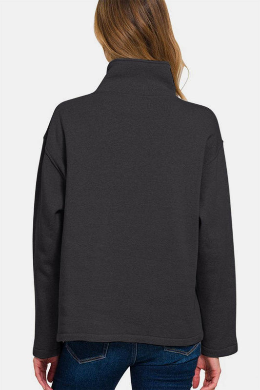 Zenana Turtleneck Half Snap Fleece Sweatshirt - Hovatok