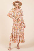 Mittoshop Floral Tie Waist Flutter Sleeve Tiered Dress - Hovatok