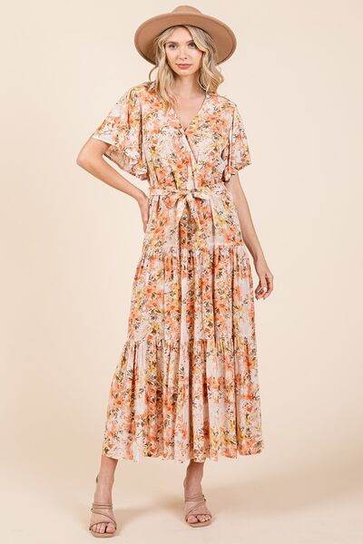 Mittoshop Floral Tie Waist Flutter Sleeve Tiered Dress - Hovatok