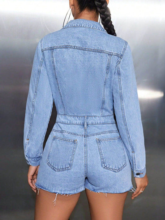 Buttoned Collared Neck Long Sleeve Denim Romper - Hovatok