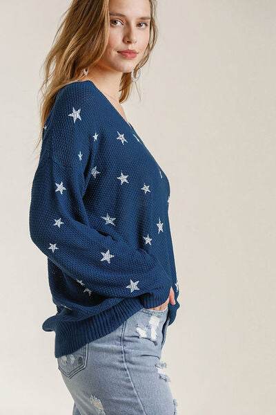 Umgee Full Size Star V-Neck Long Sleeve Sweater Plus Size - Hovatok