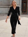 Surplice Puff Sleeve Midi Dress - Hovatok