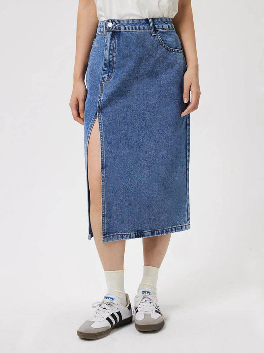 Slit Midi Denim Skirt with Pockets - Hovatok