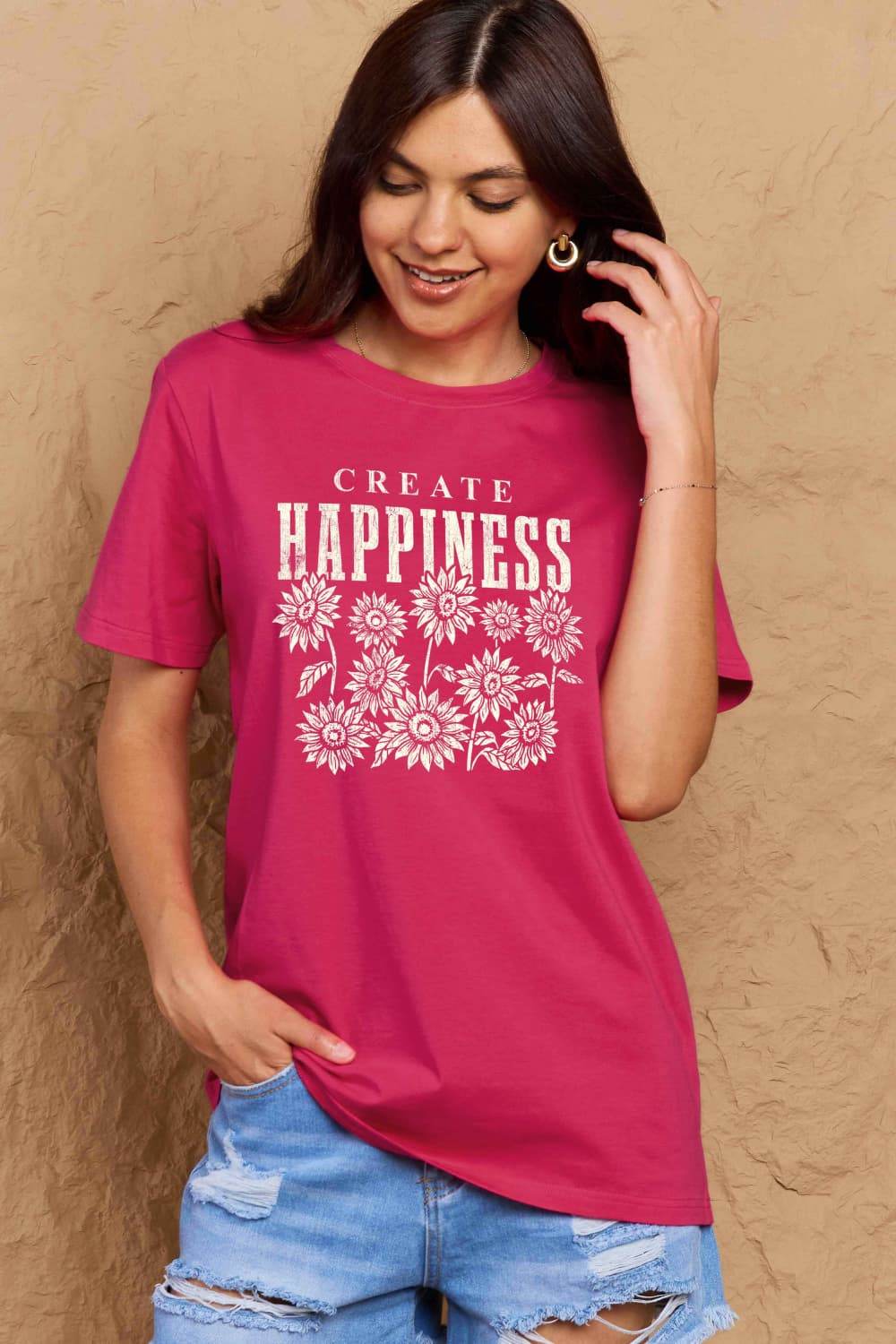 Simply Love Full Size CREATE HAPPINESS Graphic Cotton T-Shirt - Hovatok