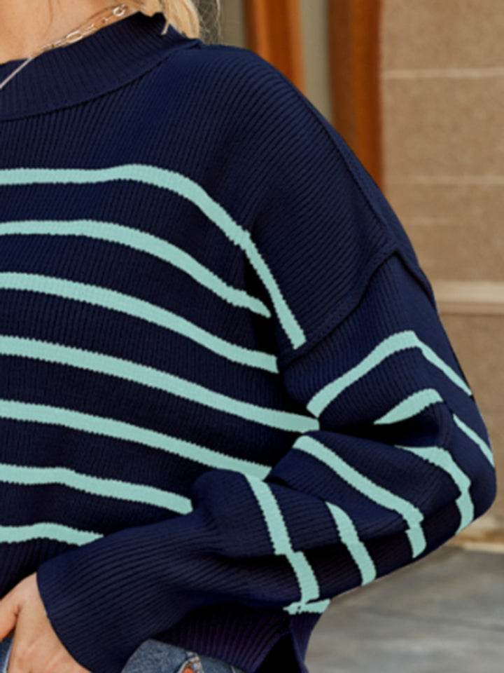 Round Neck Striped Lantern Sleeve Sweater - Hovatok