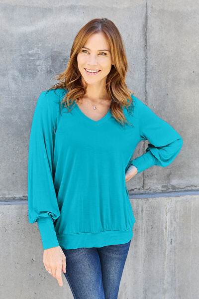 Basic Bae Full Size V-Neck Lantern Sleeve Top - Hovatok