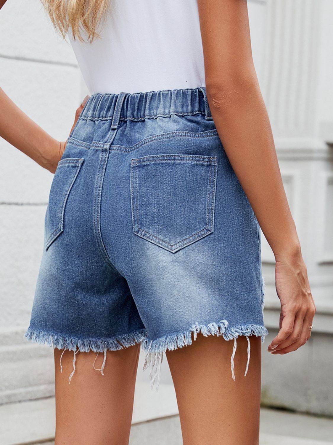 Distressed Raw Hem Asymmetrical Waist Denim Shorts - Hovatok