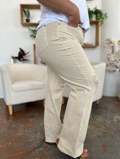 Judy Blue Full Size High Waist Distressed Wide Leg Jeans - Hovatok