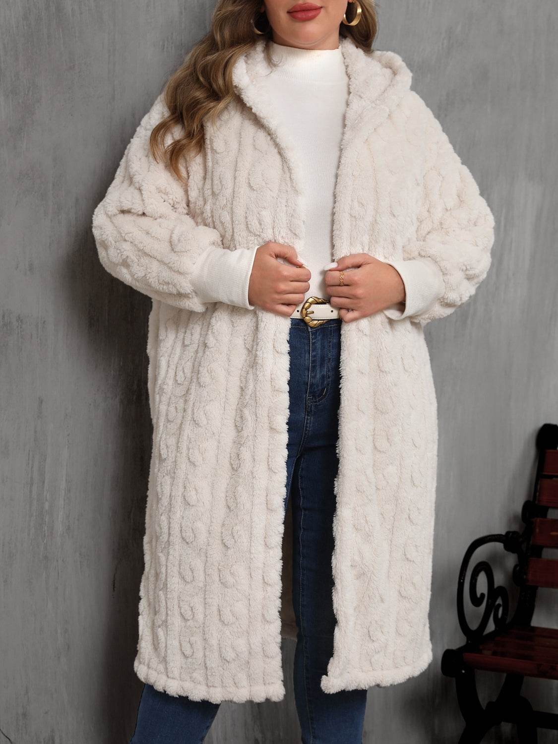 Plus Size Open Front Hooded Plush Coat - Hovatok