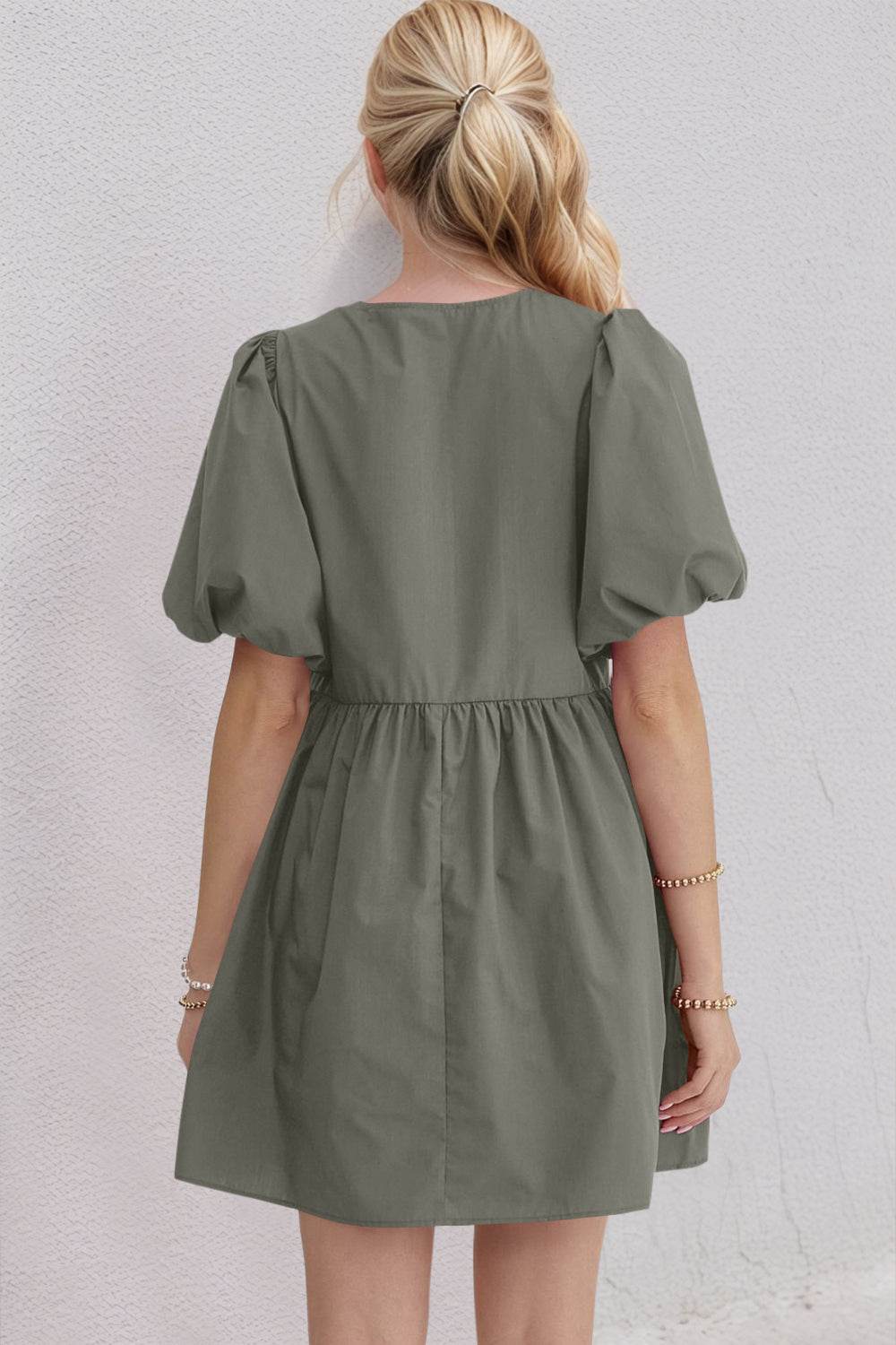 Oh Bow Ruched Puff Sleeve Mini Dress - Hovatok