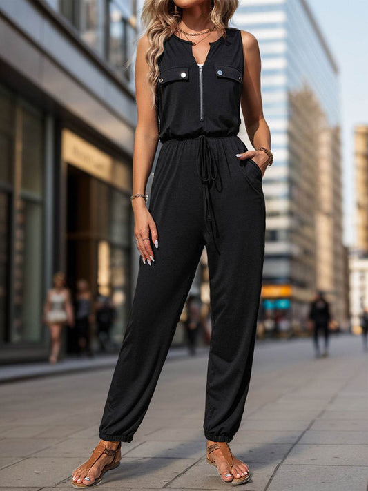 Perfee Half Zip Sleeveless Jumpsuit with Pockets - Hovatok