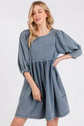 Mittoshop Washed Round Neck Puff Sleeve Denim Dress - Hovatok