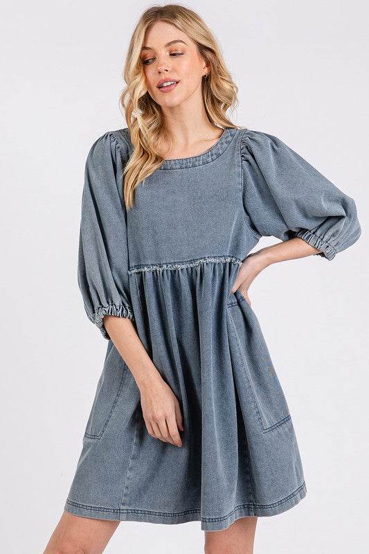 Mittoshop Washed Round Neck Puff Sleeve Denim Dress - Hovatok