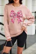 Valentine’s Day Bow Drop Shoulder Long Sleeve Sweatshirt - Hovatok