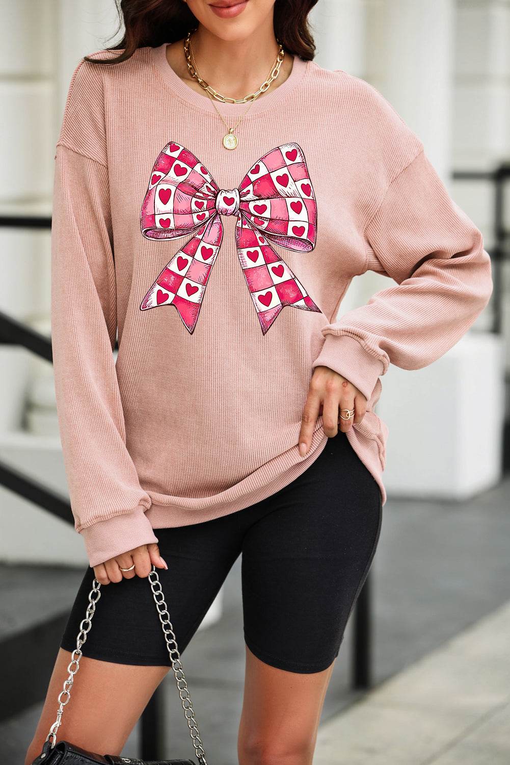 Valentine’s Day Bow Drop Shoulder Long Sleeve Sweatshirt - Hovatok