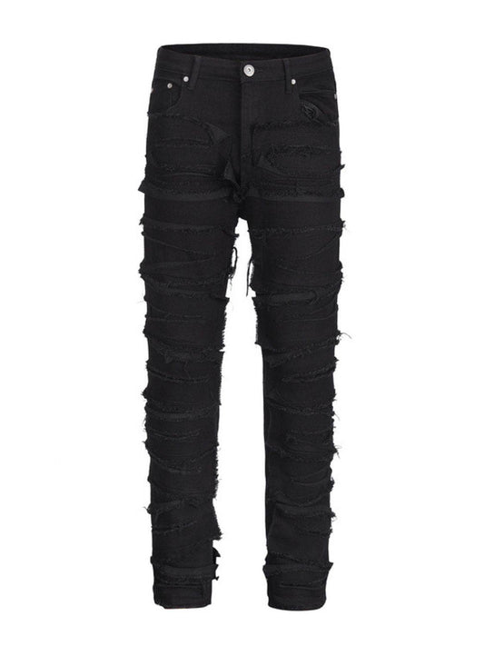Men's Washed Distressed Panelled Jeans - Hovatok