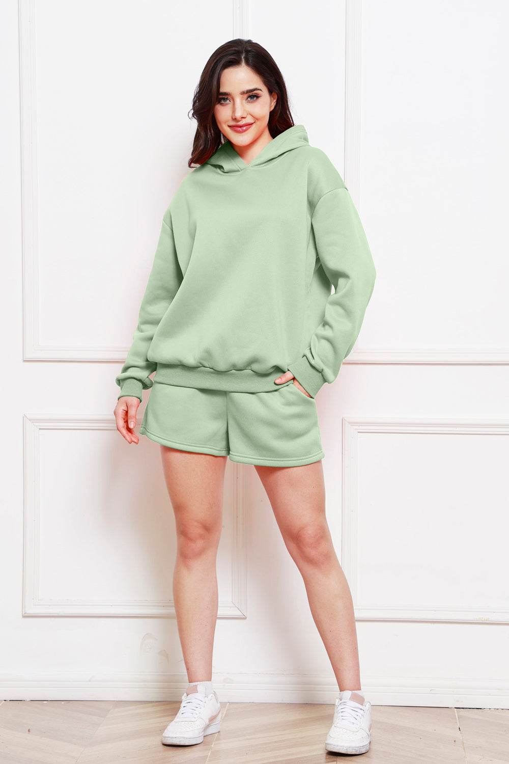 Drop Shoulder Long Sleeve Hoodie and Shorts Set - Hovatok