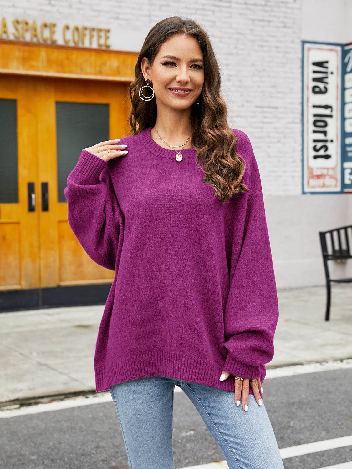 Round Neck Ribbed Trim Sweater - Hovatok