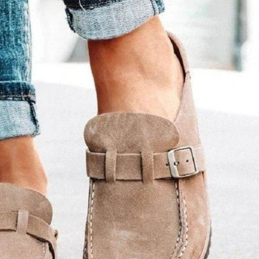Round Toe Low Heel Buckle Loafers - Hovatok