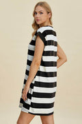 Basic Bae Full Size Striped Round Neck Cap Sleeve Mini Dress - Hovatok