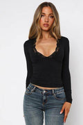 Lace Detail V-Neck Long Sleeve T-Shirt - Hovatok