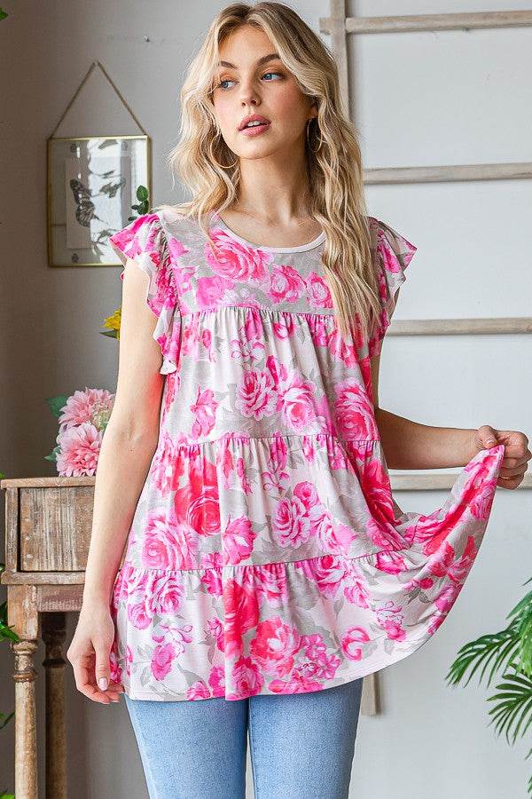 Heimish Full Size Butterfly Sleeve Round Neck Floral Tiered Top Plus Size - Hovatok