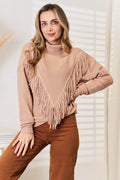 Woven Right Turtleneck Fringe Front Long Sleeve Sweater - Hovatok