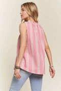 ADORA Contrast Striped Frill Round Neck Sleeveless Top - Hovatok