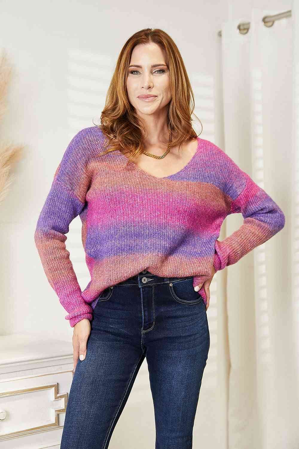 Angel Wings Multicolored Rib-Knit V-Neck Knit Pullover - Hovatok